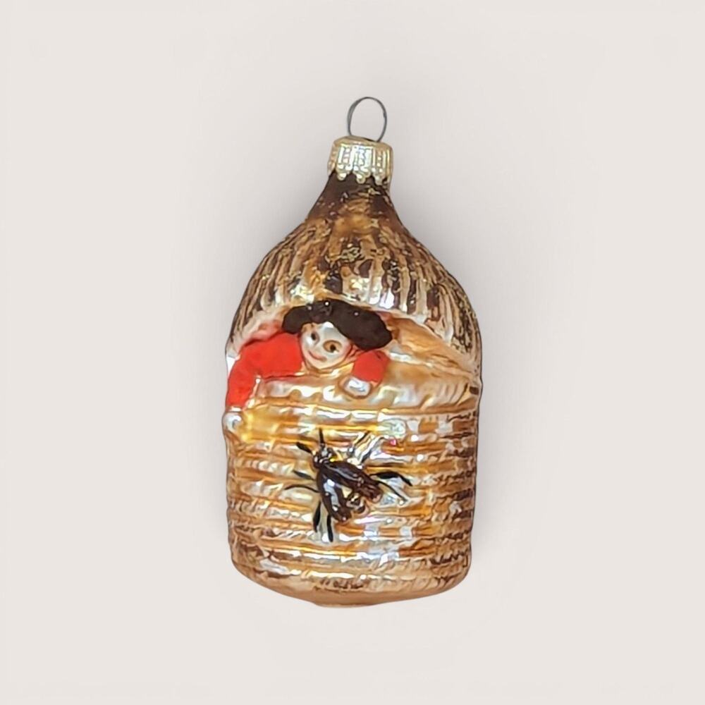 Vintage Blown Glass Baby in Beehive Ornament 1920s German Mercury Glass Skep